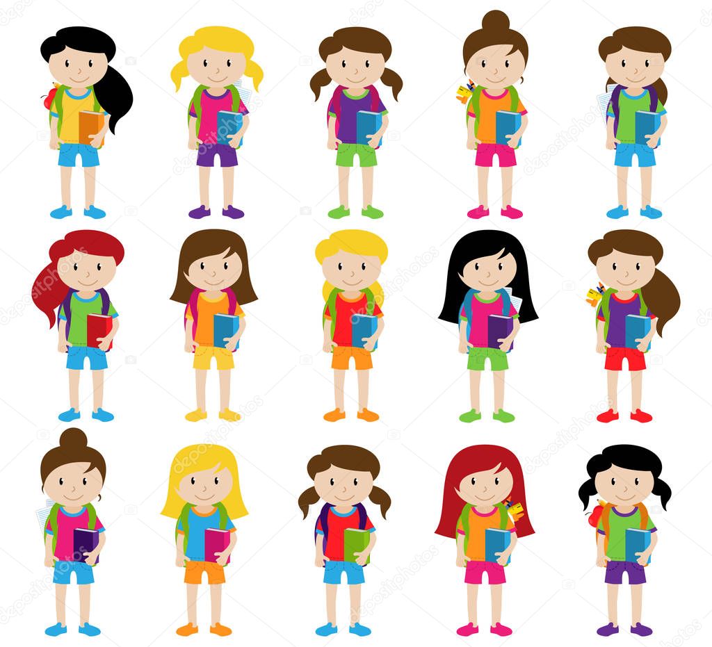 Collection of Cute and Diverse Vector Format Female Students or Graduates - Some of the Children and Kids have Backpacks, Books and Graduation Caps