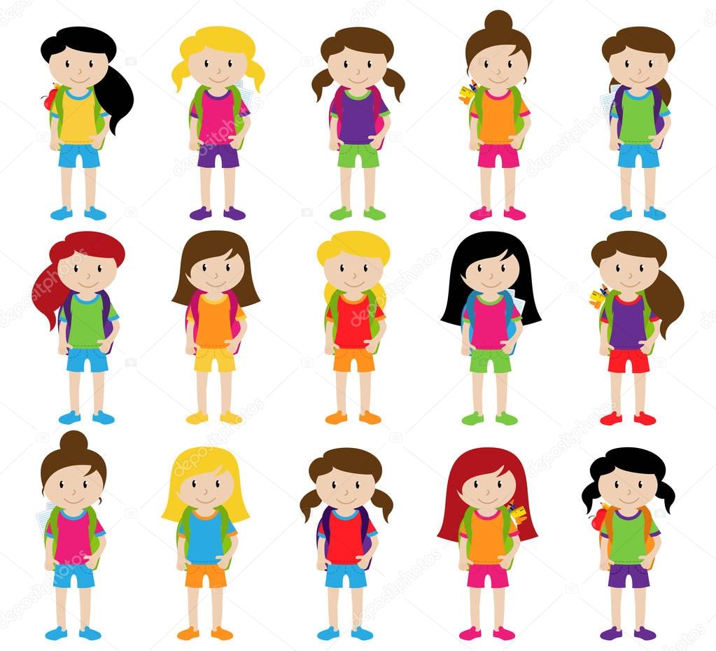 Collection of Cute and Diverse Vector Format Female Students or Graduates - Some of the Children and Kids have Backpacks, Books and Graduation Caps