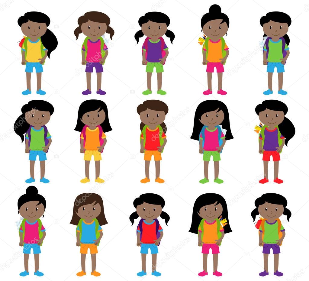 Collection of Cute and Diverse Vector Format Female Students or Graduates - Some of the Children and Kids have Backpacks, Books and Graduation Caps