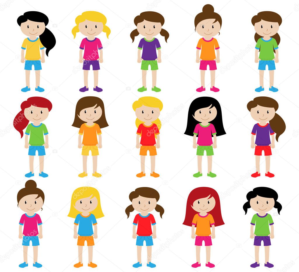 Collection of Cute and Diverse Vector Format Female Students or Graduates - Some of the Children and Kids have Backpacks, Books and Graduation Caps