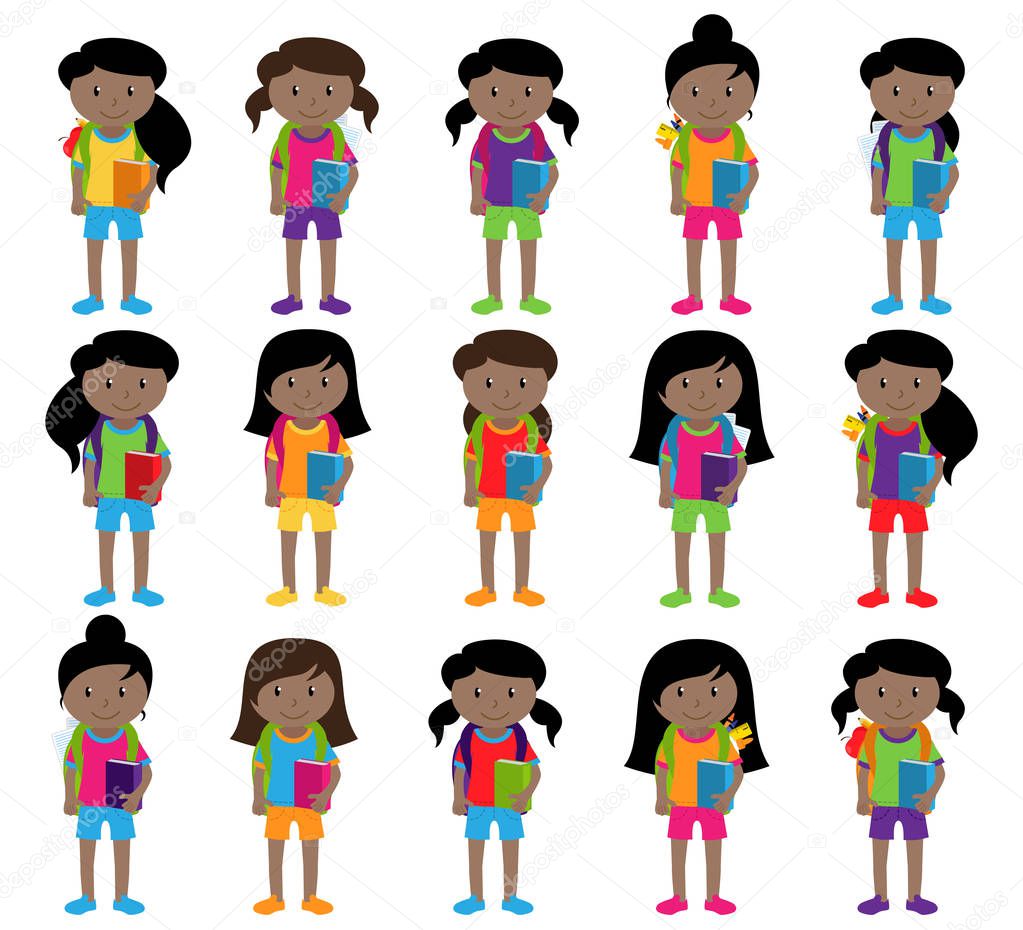 Collection of Cute and Diverse Vector Format Female Students or Graduates - Some of the Children and Kids have Backpacks, Books and Graduation Caps