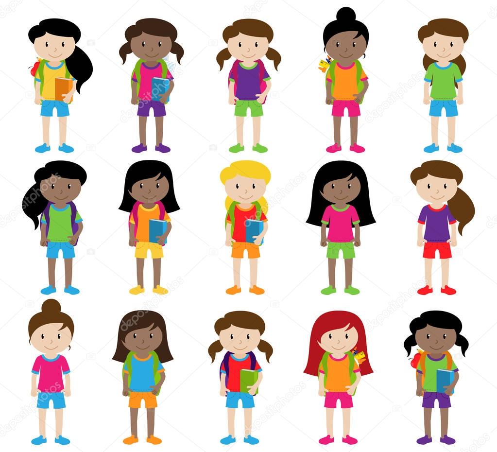 Collection of Cute and Diverse Vector Format Female Students or Graduates - Some of the Children and Kids have Backpacks, Books and Graduation Caps