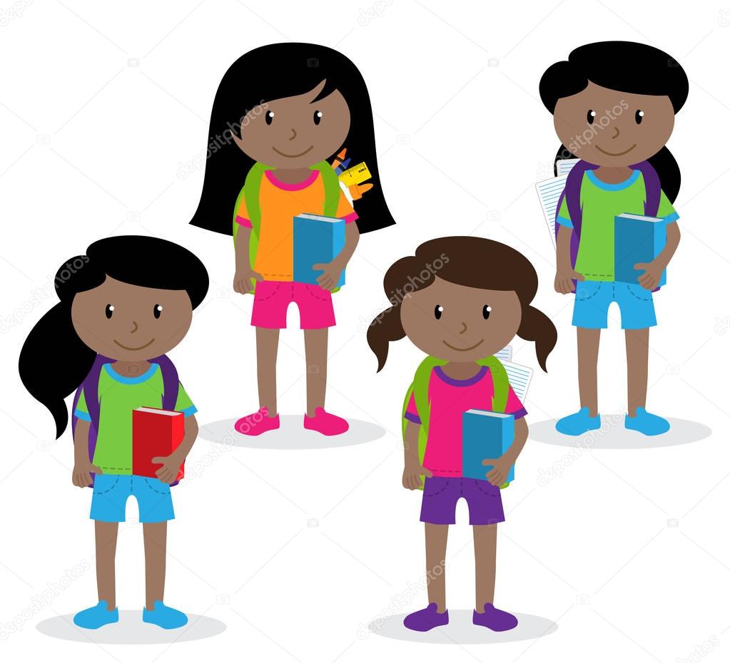 Collection of Cute and Diverse Vector Format Female Students or Graduates - Some of the Children and Kids have Backpacks, Books and Graduation Caps