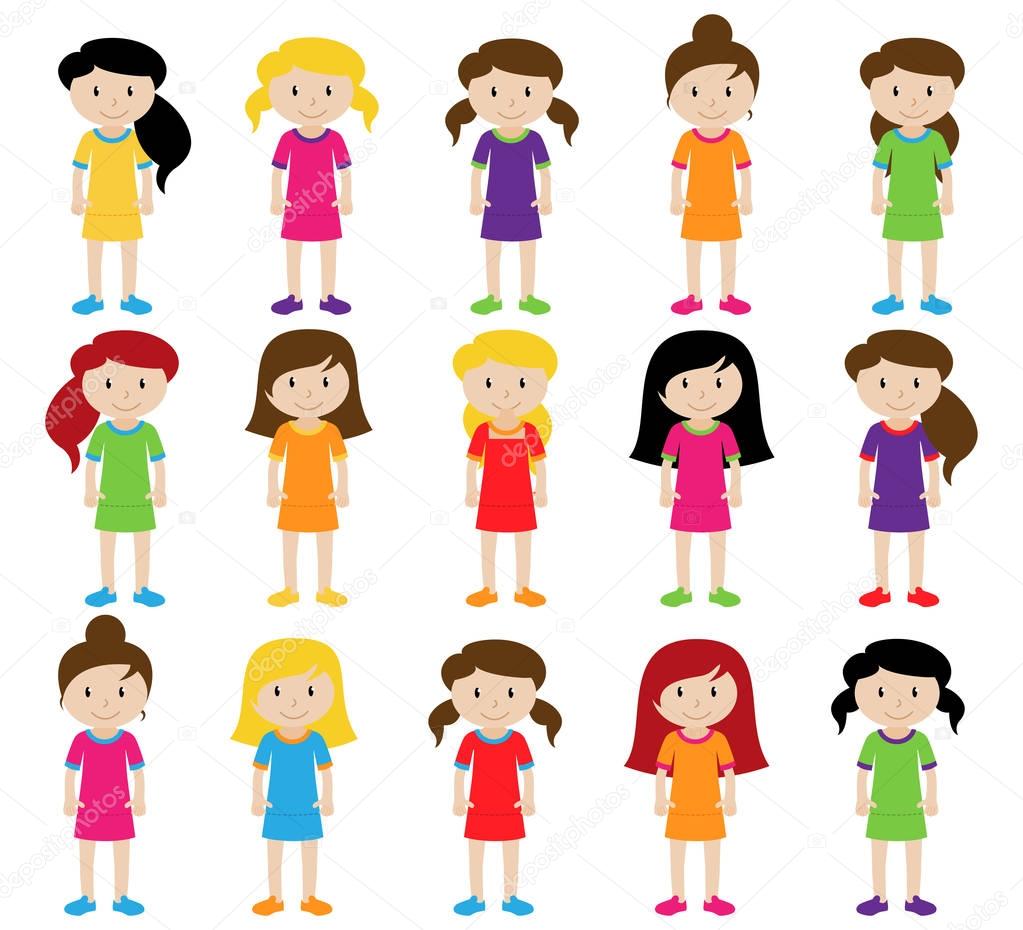 Collection of Cute and Diverse Vector Format Female Students or Graduates - Some of the Children and Kids have Backpacks, Books and Graduation Caps