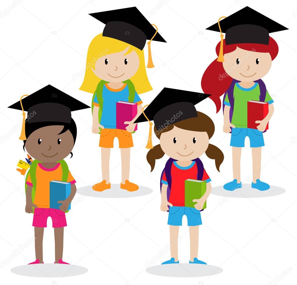 Collection of Cute and Diverse Vector Format Female Students or Graduates - Some of the Children and Kids have Backpacks, Books and Graduation Caps