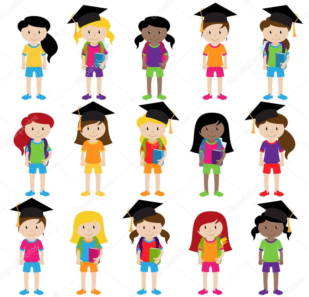 Collection of Cute and Diverse Vector Format Female Students or Graduates - Some of the Children and Kids have Backpacks, Books and Graduation Caps