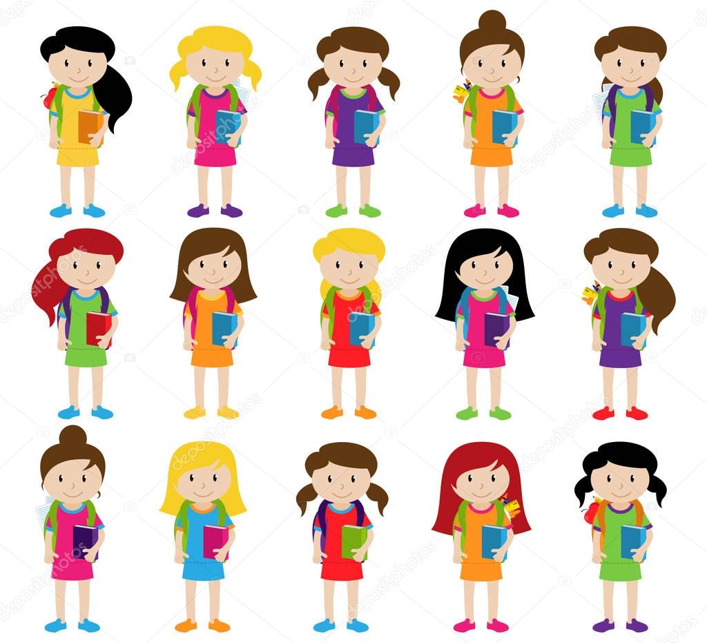 Collection of Cute and Diverse Vector Format Female Students or Graduates - Some of the Children and Kids have Backpacks, Books and Graduation Caps