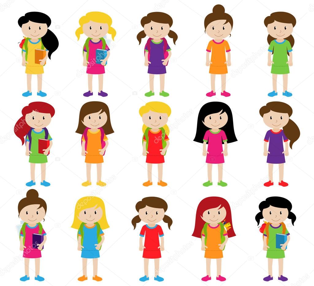 Collection of Cute and Diverse Vector Format Female Students or Graduates - Some of the Children and Kids have Backpacks, Books and Graduation Caps