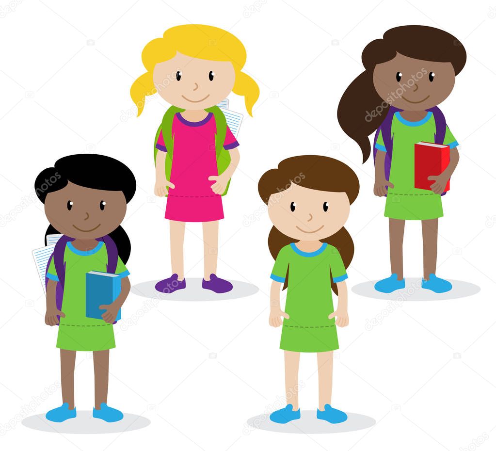 Collection of Cute and Diverse Vector Format Female Students or Graduates - Some of the Children and Kids have Backpacks, Books and Graduation Caps