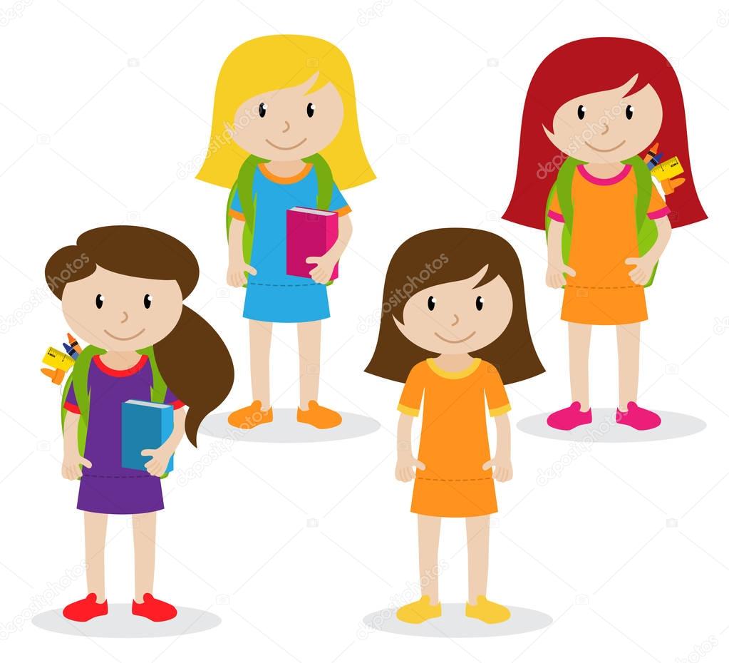 Collection of Cute and Diverse Vector Format Female Students or Graduates - Some of the Children and Kids have Backpacks, Books and Graduation Caps