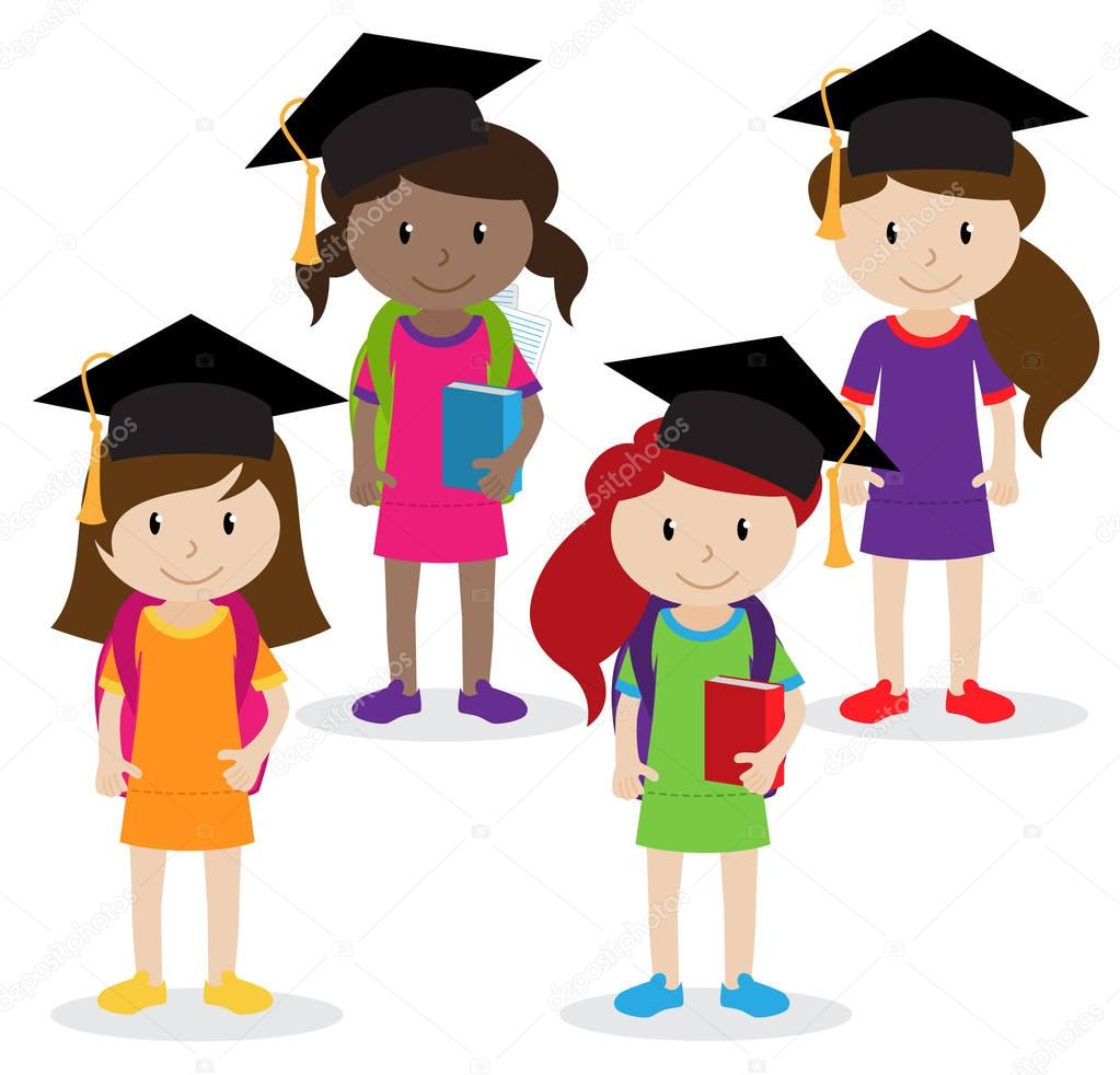 Collection of Cute and Diverse Vector Format Female Students or Graduates - Some of the Children and Kids have Backpacks, Books and Graduation Caps