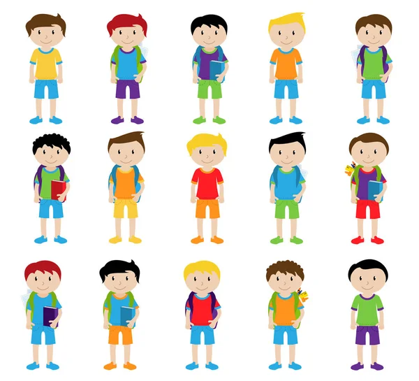 Colección de lindos y étnicamente diversos estudiantes masculinos y niños — Vector de stock