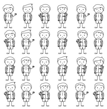 Collection of Cute and Ethnically Diverse Male Stick Figure Students and Children with Backpacks vector