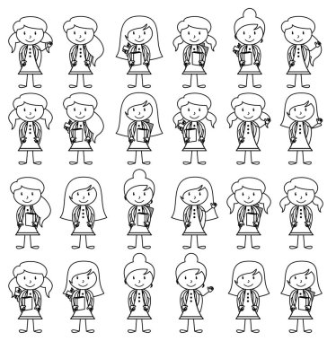 Sırt çantaları ile şirin ve çeşitli vektör biçimi sopa rakam kız öğrenci topluluğu