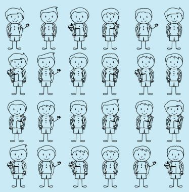 Collection of Cute and Ethnically Diverse Male Stick Figure Students and Children with Backpacks vector