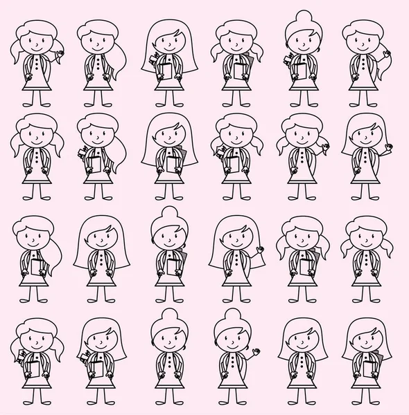 Collection of Cute and Diverse Vector Format Stick Figure Female Students with Backpacks — Stock Vector