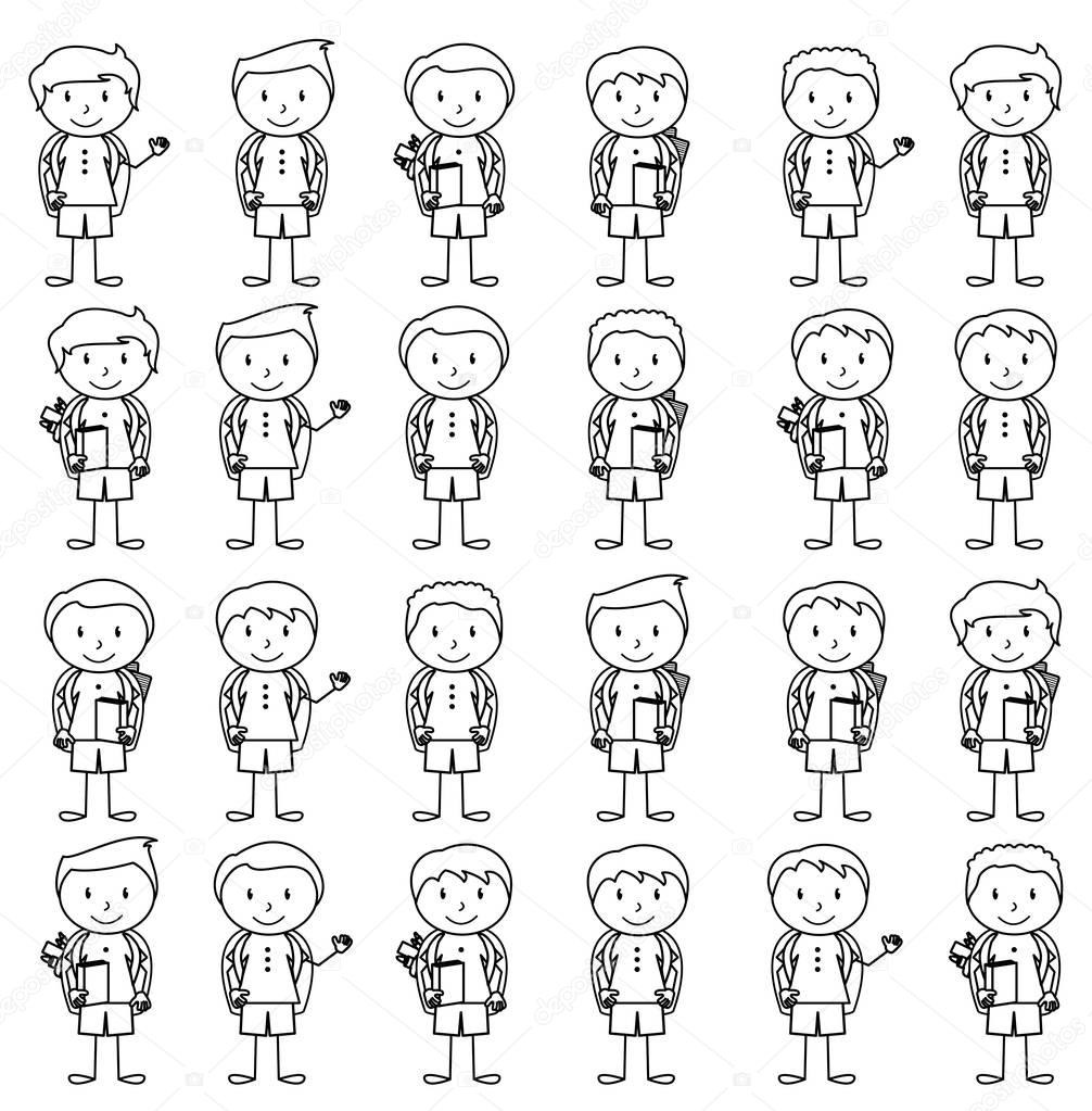 Collection of Cute and Ethnically Diverse Male Stick Figure Students and Children with Backpacks