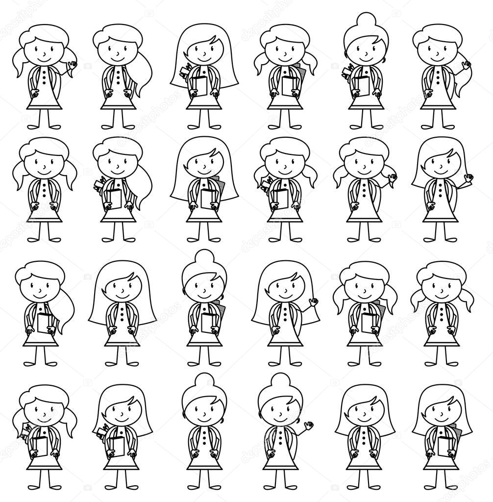 Collection of Cute and Diverse Vector Format Stick Figure Female Students with Backpacks