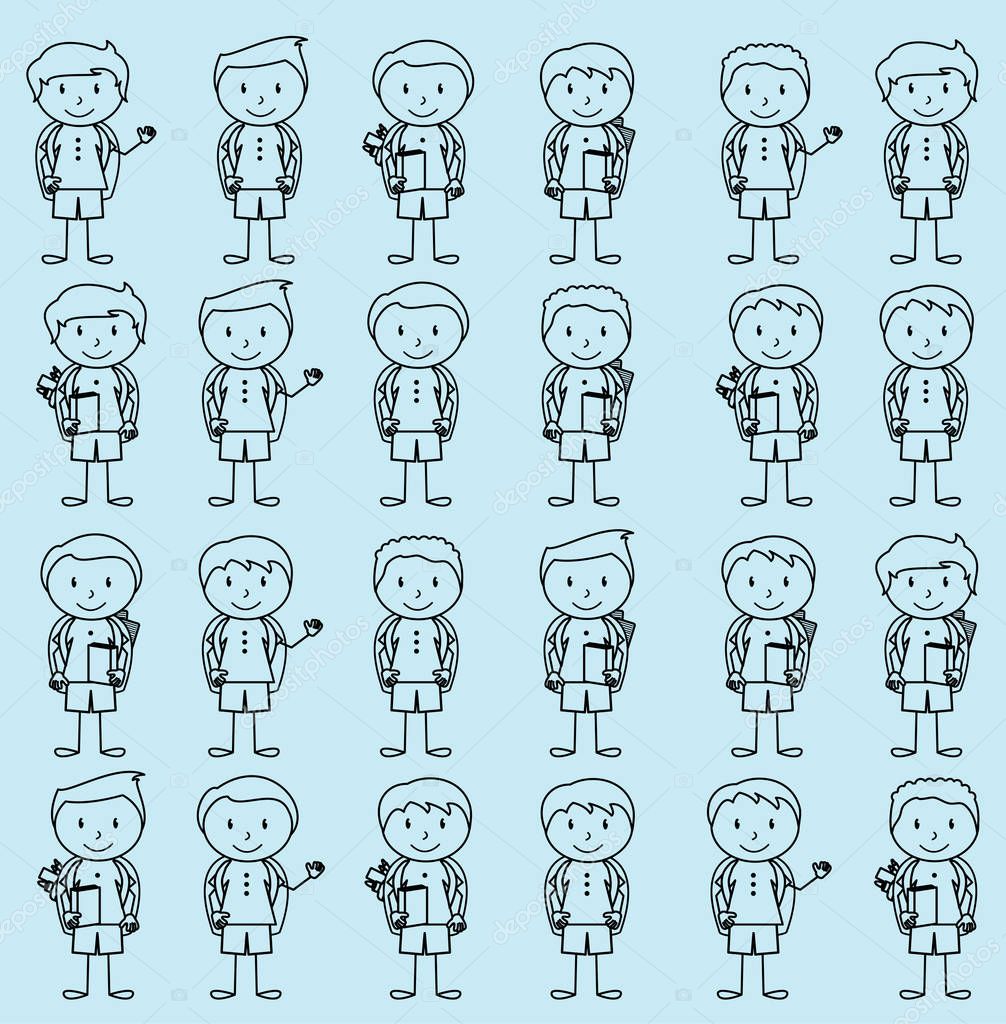 Collection of Cute and Ethnically Diverse Male Stick Figure Students and Children with Backpacks