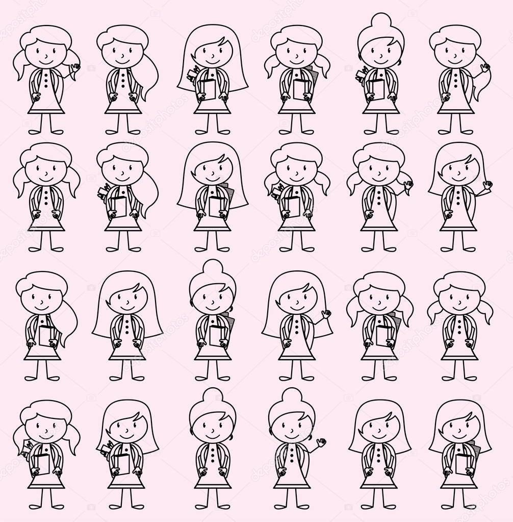 Collection of Cute and Diverse Vector Format Stick Figure Female Students with Backpacks