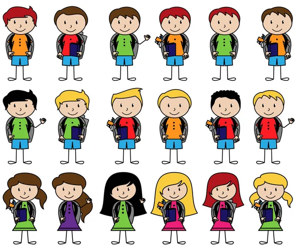 Collection of Cute Stick Figure Students in Vector Format — Stock Vector