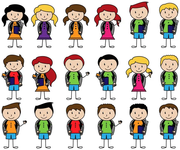 Collection of Cute Stick Figure Students in Vector Format — Stock Vector