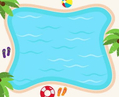 Havuzu arka planda palmiye ağaçları, Flip flop ve top vektör biçimini