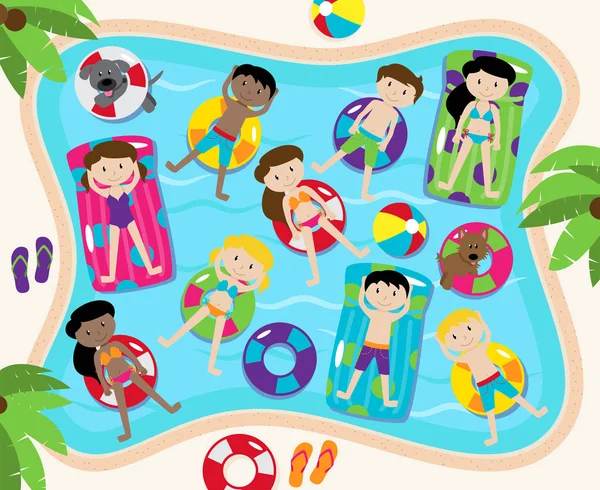 Set de vectores para fiestas en la piscina, que incluye fondo de piscina y natación para niños y perros — Archivo Imágenes Vectoriales