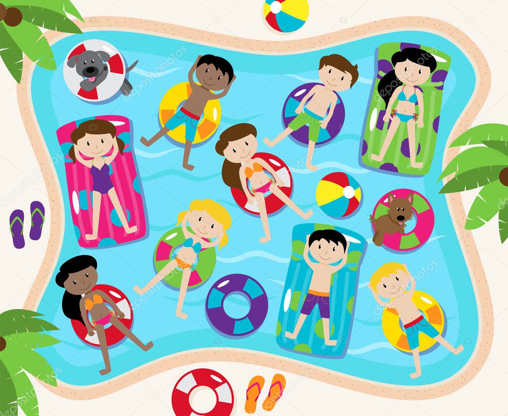 Pool Party Vector Set, Including Pool Background and Children and Dogs Swimming