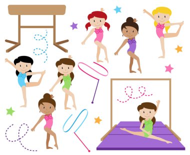 Sevimli kadın jimnastikçiler veya dansçılar farklı etnik vektör topluluğu