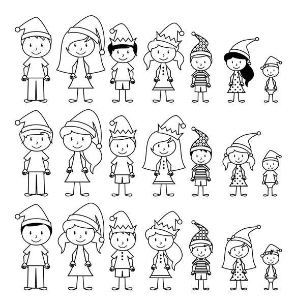 Vector Collection of Line Art Christmas or Holiday Themed Stick Figures or Stick Figure Family — Stock Vector