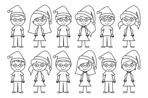Vector Collection of Line Art Christmas or Holiday Themed Stick Figures or Stick Figure Family — Stock Vector