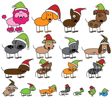 Vector Collection of Christmas or Holiday Themed Stick Figure Pets and Animals clipart