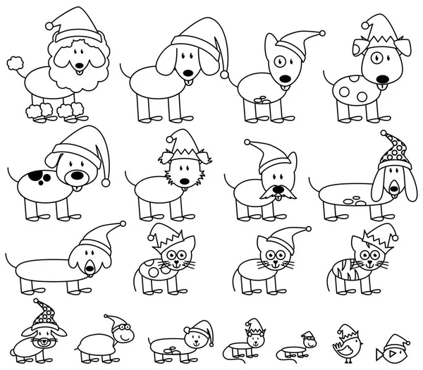Vector Collection Christmas Holiday Themed Stick Figure Pets Animals — Stock Vector