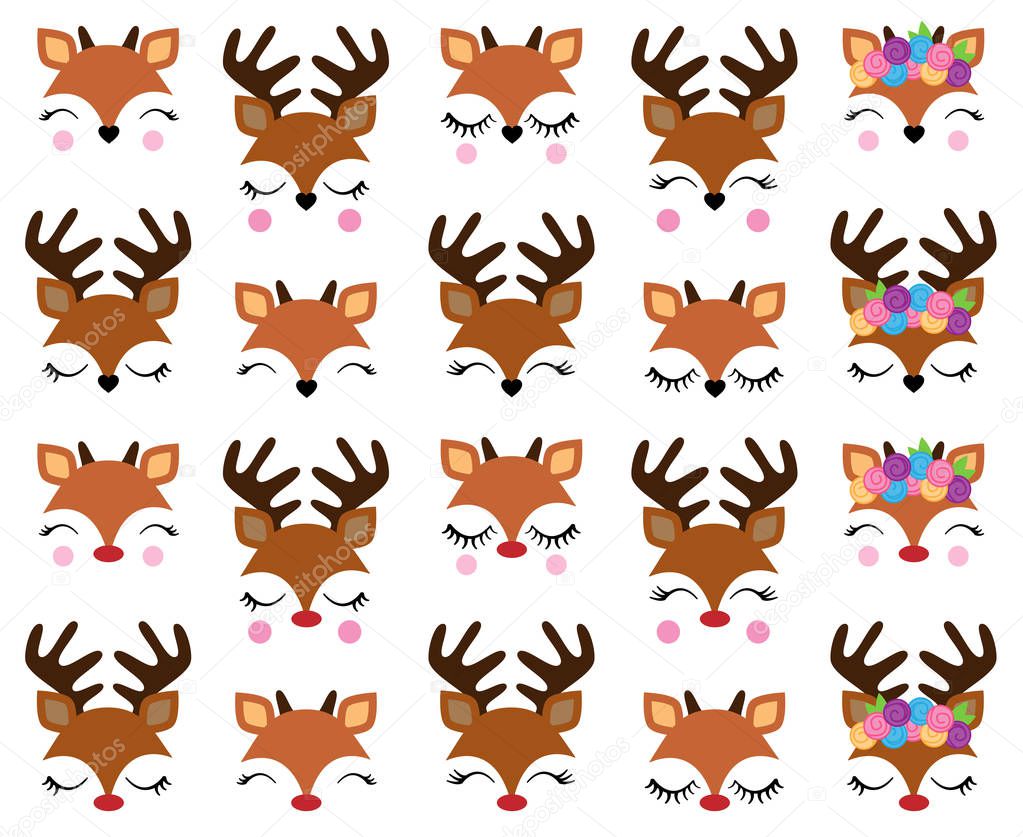 Vector Set of Cute Reindeer Faces