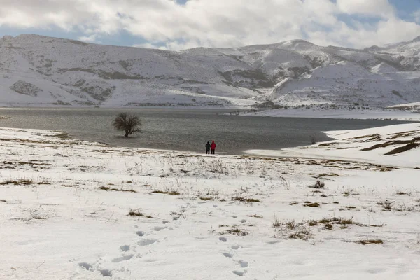 两个人在雪的风景与湖 — 图库照片