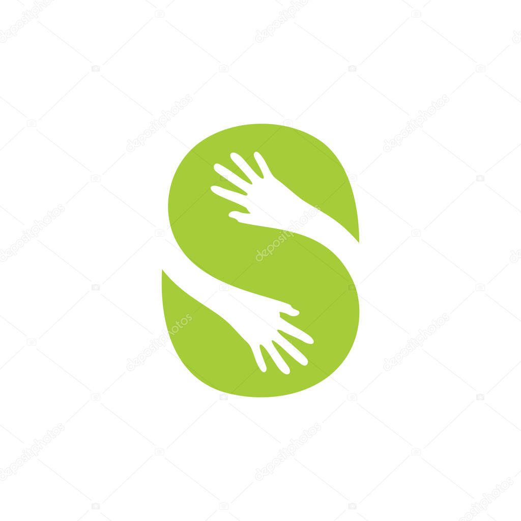 letter s green leaf hand care logo vector