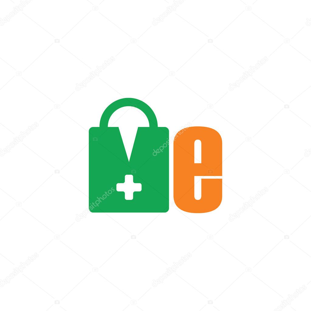 Letter m shopping bag drugstore capsule symbol logo vector