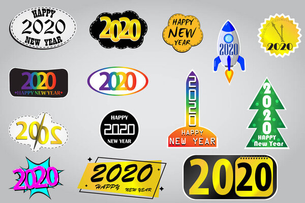 Merry Christmas and Happy New Year. 2020. Set of different stickers for typography on white background. Chistmas Stickers Collection. Winter Holidays Badges