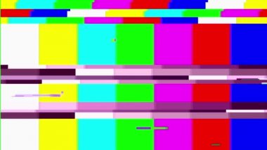 Televizyon ekranı hatası. SMPTE renk çubukları teknik problemler. Renk Çubukları veri arızaları. Kasıtlı arıza bozulması. Renkli çubuklarla, siyah kutuyla ve uyarı metniyle bir televizyon iletiminin deneme kalıbı. Sinyal yok..