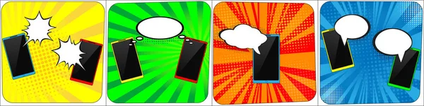 Set di telefoni con bolle di fumetti vocali. Concetto creativo vettoriale stile pop art comico vuoto. Line art design per web, sito, pubblicità, banner, poster, board e stampa. — Vettoriale Stock