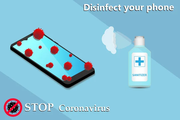 Akıllı telefonu sterilize et. Mikropları yok etmek için cep telefonu temizleme, Coronavirus Covid-19. Coronavirus 'u durdurun. Hijyen konsepti. Vektör illüstrasyonu