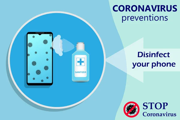 给智能手机消毒一下清洁手机以消灭细菌 Coronavirus Covid 阻止Coronavirus 卫生概念 矢量说明 — 图库矢量图片