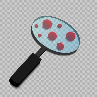 Virüs hücrelerinin görülebildiği büyüteç. Salgın COVID 19. Projelerinizde kullanmak için saydam bir arkaplanda büyüteç. Coronavirus 'u durdurun. EPS10