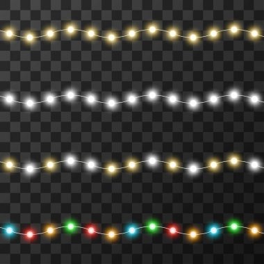 Şeffaf arkaplanda izole edilmiş Noel ışıkları, vektör illüstrasyonu