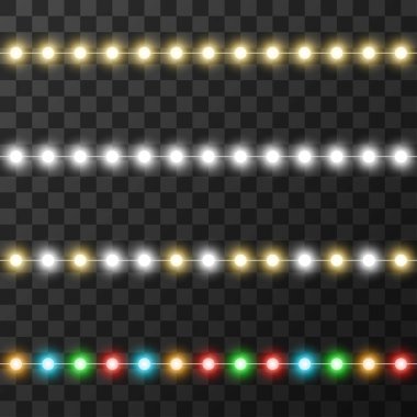 Şeffaf arkaplanda izole edilmiş Noel ışıkları, vektör illüstrasyonu