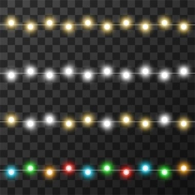 Şeffaf arkaplanda izole edilmiş Noel ışıkları, vektör illüstrasyonu
