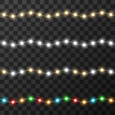 Şeffaf arkaplanda izole edilmiş Noel ışıkları, vektör illüstrasyonu