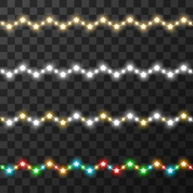 Şeffaf arkaplanda izole edilmiş Noel ışıkları, vektör illüstrasyonu