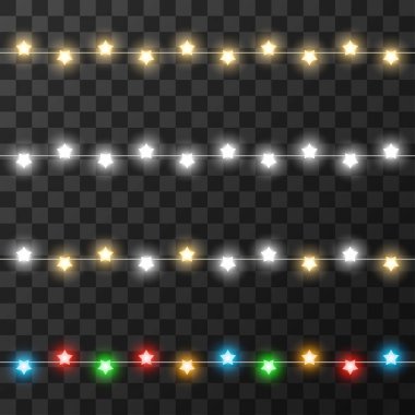 Şeffaf arkaplanda izole edilmiş Noel ışıkları, vektör illüstrasyonu